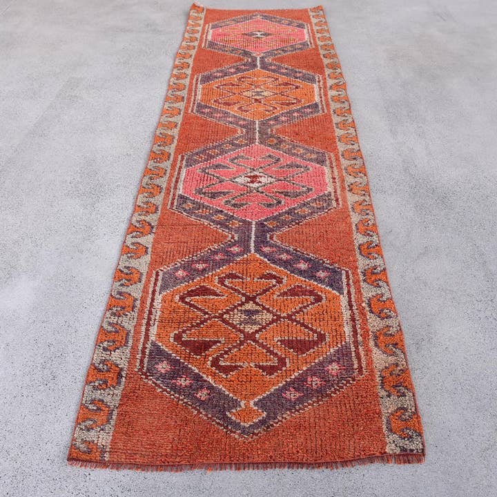 Vintage Wool Rug: Geometric Orange & Pink Design for wholesale by Anatolia Loom