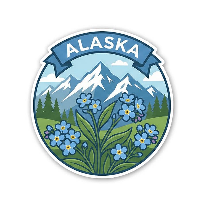 Autocollant badge de montagne Myosotis d'Alaska pour la vente par Sticker Atlas