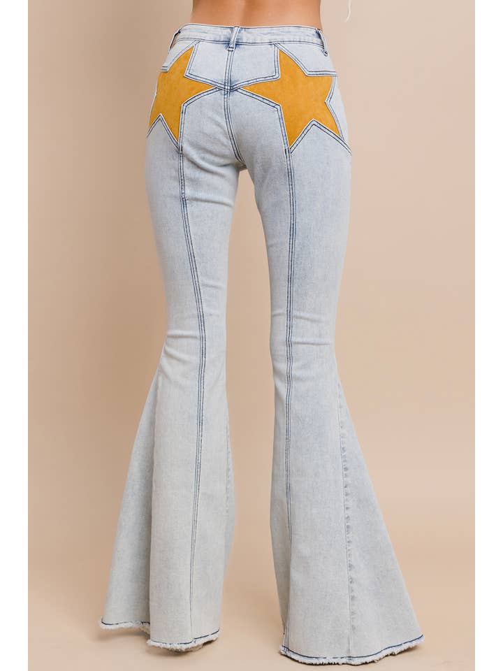 WISTERIA LANE - Wholesale Jeans - Women's - SUEDE STAR FLARED DENIM PANTS - 2317 LT DENIM/ YELLOW