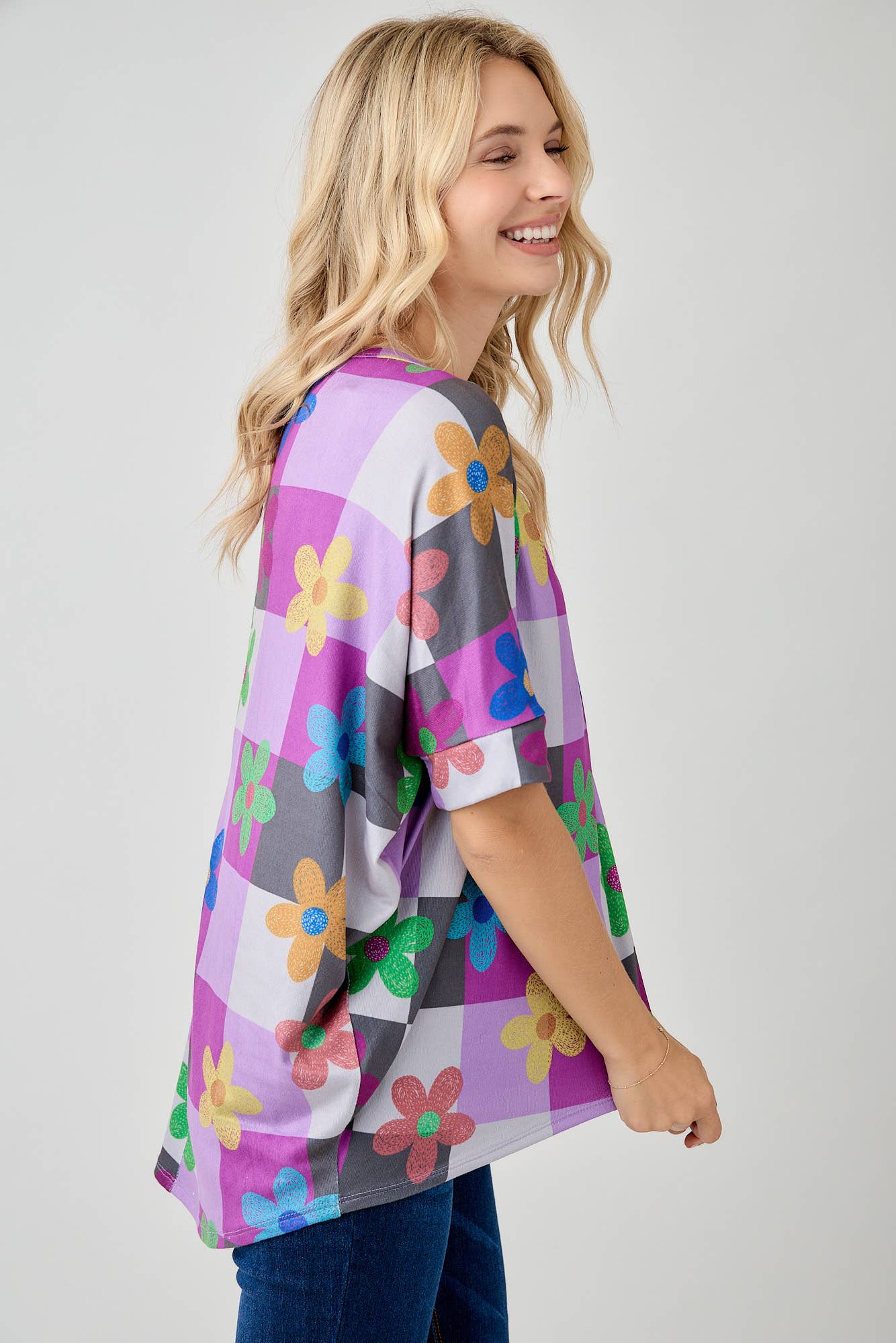 Celeste Clothing - Wholesale Tunic - Women's - WOMEN'S PLUS SIZE CHECKERED FLORAL TOP WITH HIGH-LOW HEM  
16