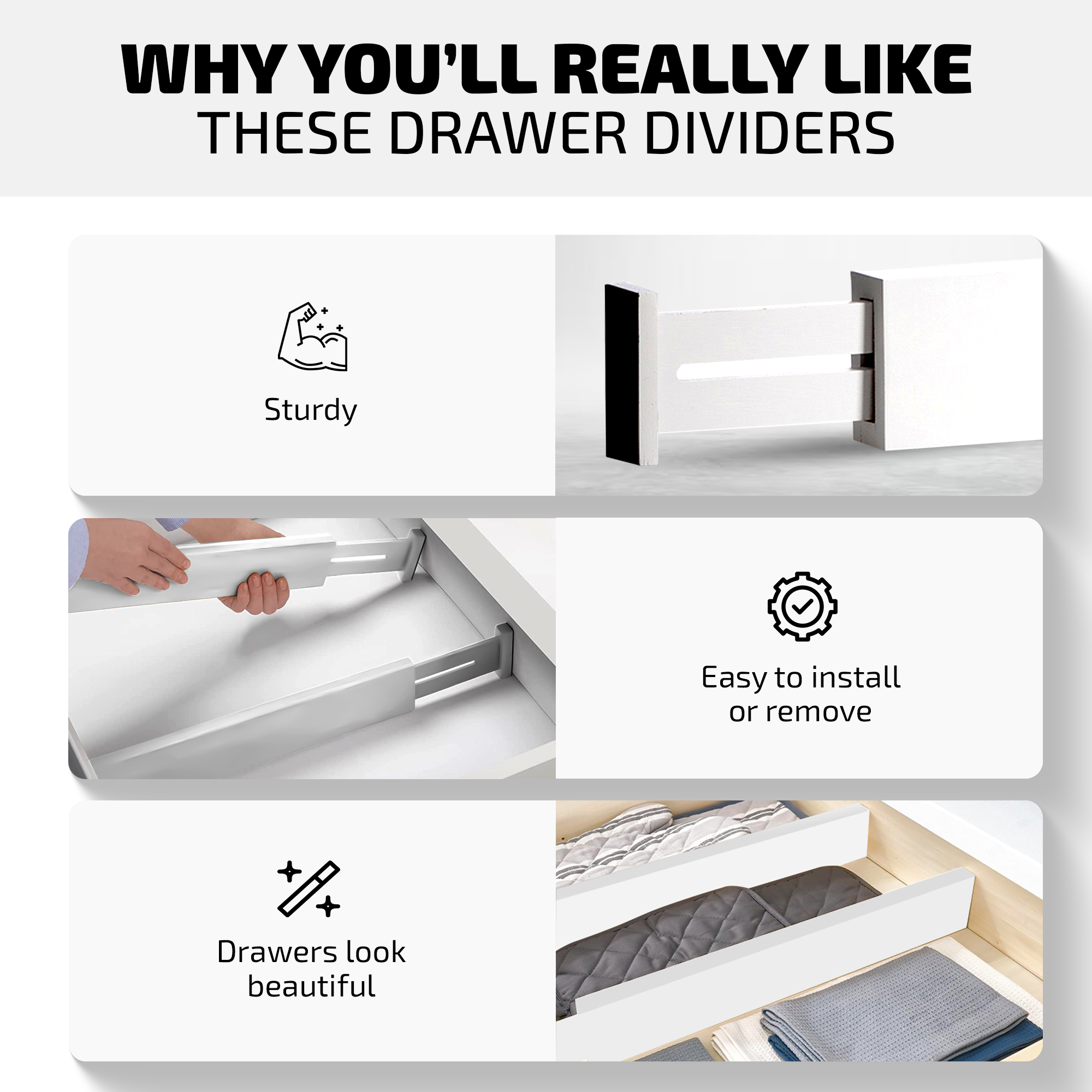 Bambusi - Wholesale Drawer Organizer - Bamboo Drawer Dividers, Adjustable, 4-Pack (White)2