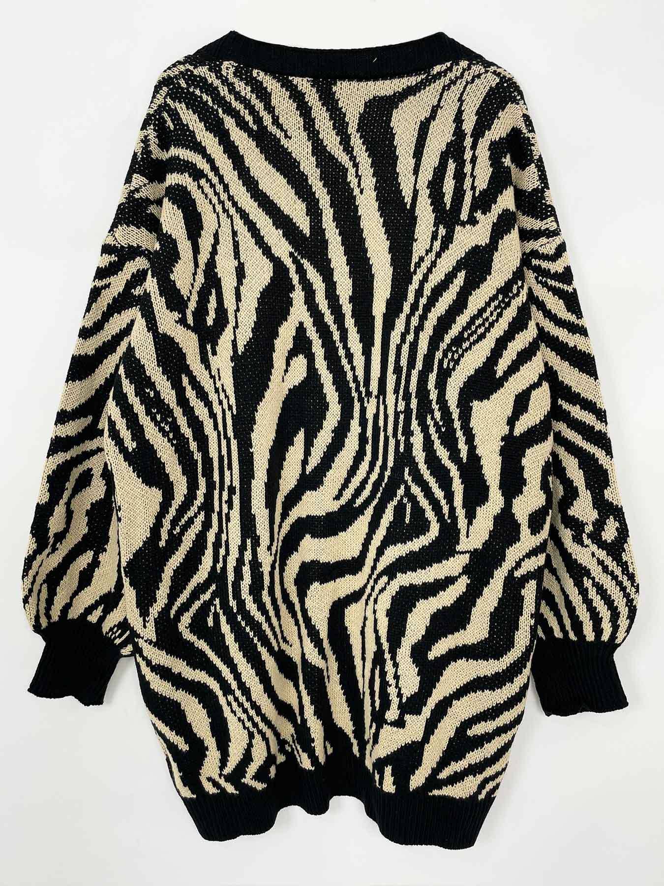 BLACK V-neck zebra print long unbuttoned cardigan for wholesale on Faire7