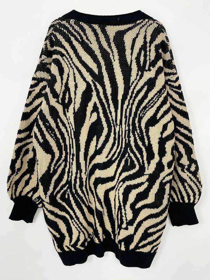 BLACK V-neck zebra print long unbuttoned cardigan for wholesale on Faire7