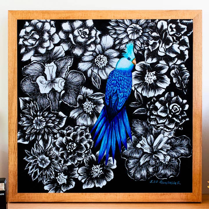 Blauer Vogel und Schwarz-Weiß-Blumen Kunstdruck für den Großhandel von MeerCatArt
