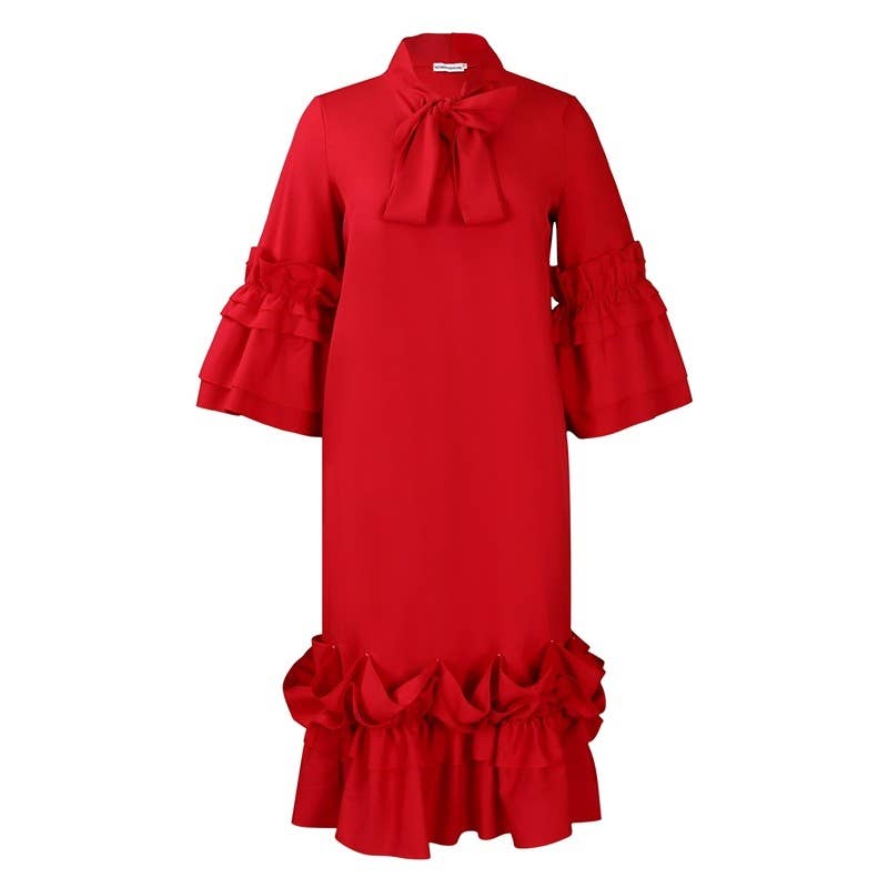 UZ Wholesale Store - Wholesale Dress - Women's - Stylish Ruffle Hem Trumpet Sleeve Dress11