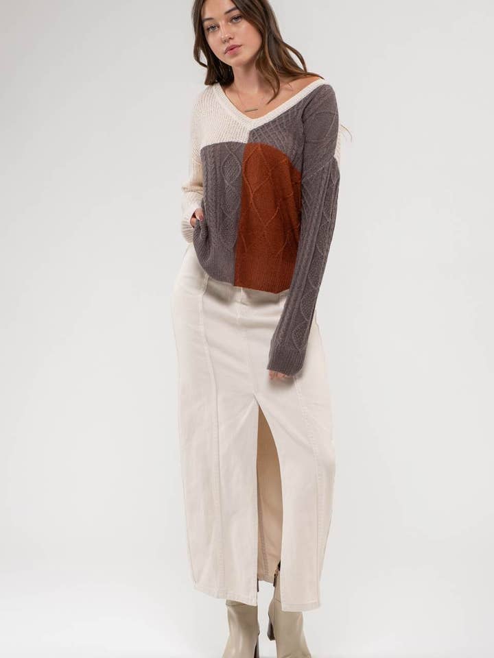Blu Pepper - Wholesale Knit Sweater - Women's - LIGHT-WEIGHT COLORBLOCK KNIT