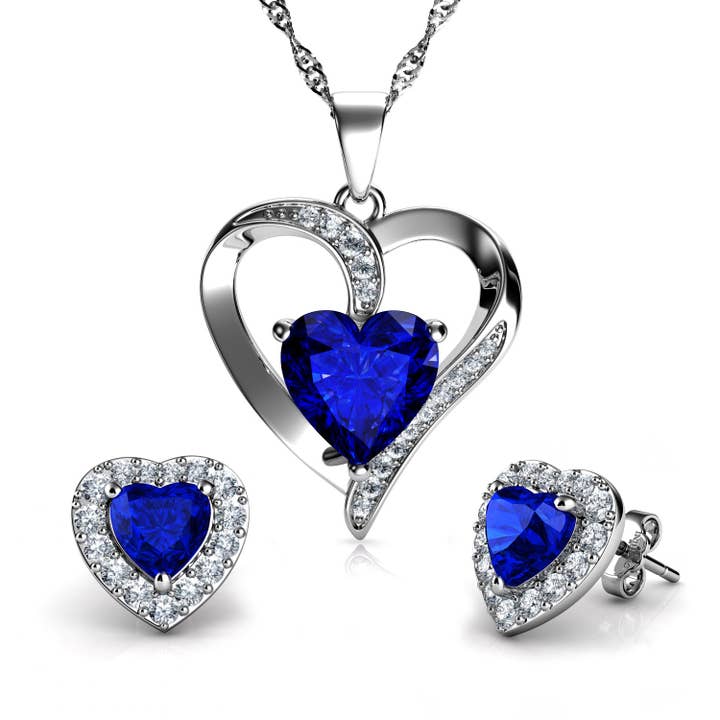 DEPHINI Blue Jewellery SET Heart Necklace & Heart Earrings Silver for wholesale by DEPHINI
