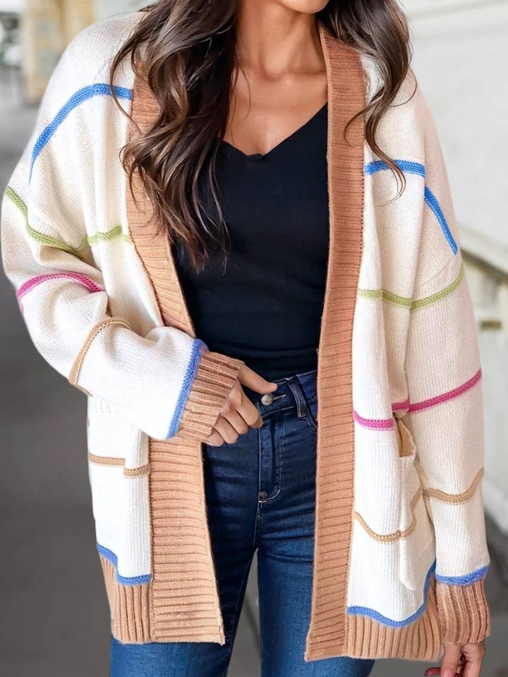 Multi-Striped Open Front Cardigan | S-XL for wholesale by Aapparella