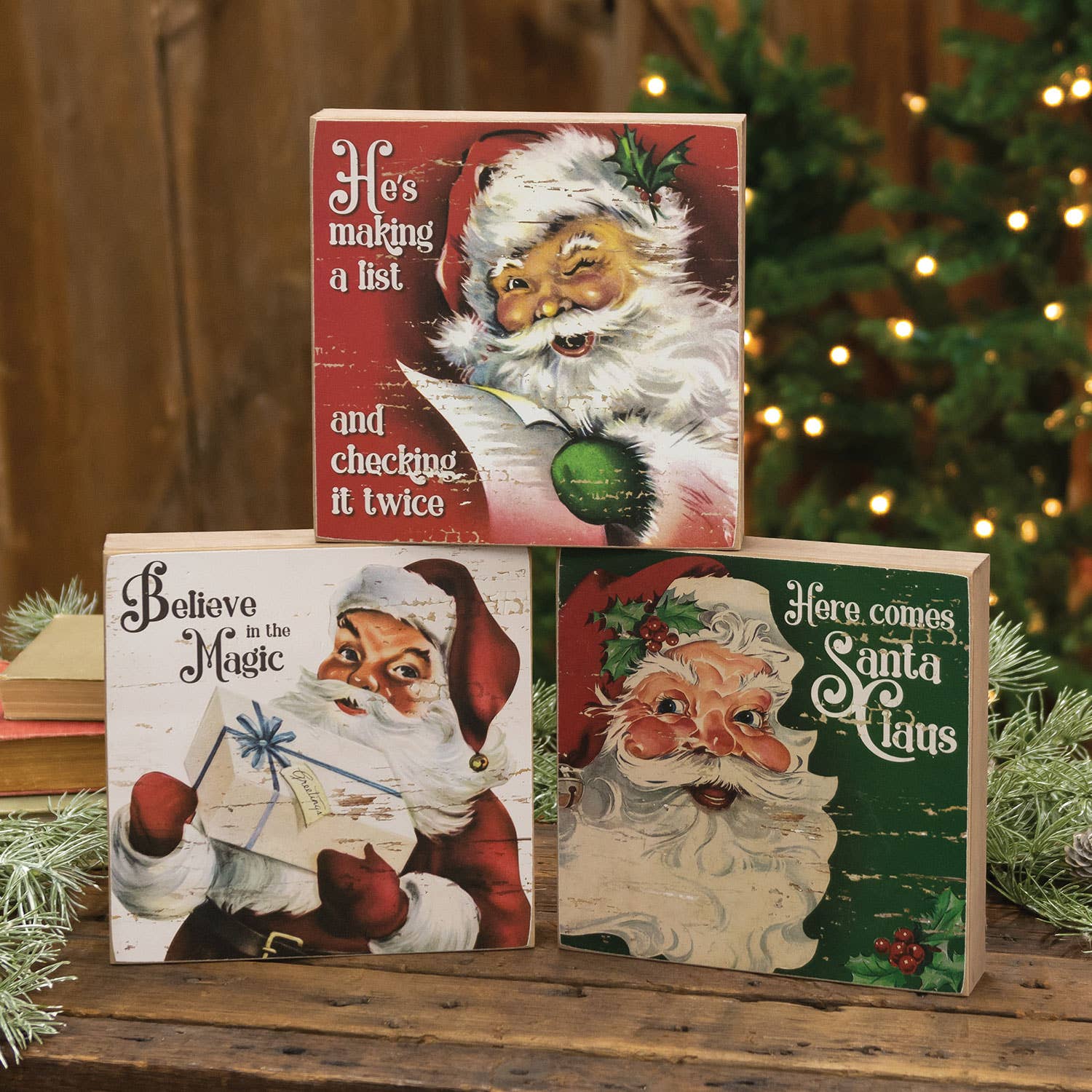 The Hearthside Collection - Wholesale Sign - Believe in the Magic Vintage Santa Box Sign, 3 Assorted1