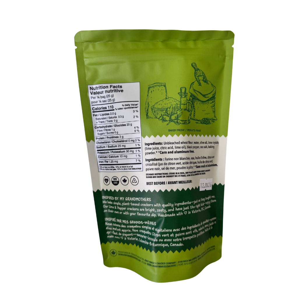 Jenny Marie's Cracker Company - Vente Biscuit salé - Craquelins Artisanaux Citron Vert & Poivre – Petite Production, Fabriqué au Canada1