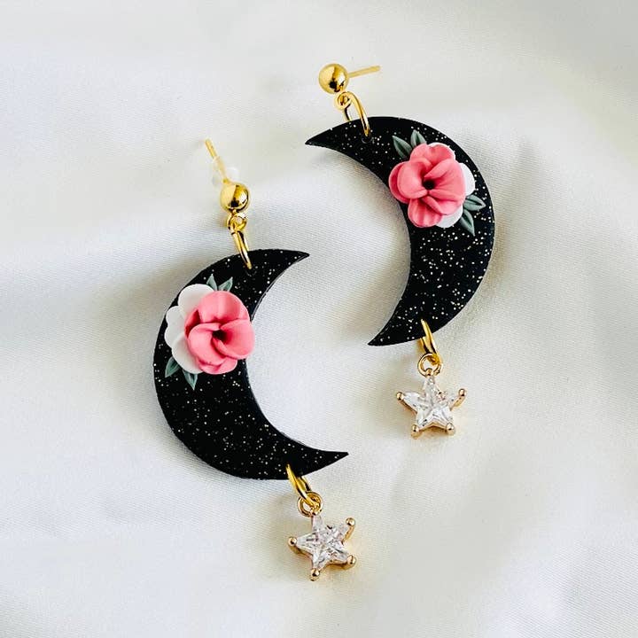 boucles d'oreilles en argile d'automne en lune noire | boucles d'oreilles en argile lune noire (( pour la vente par PERNAZ JEWEL