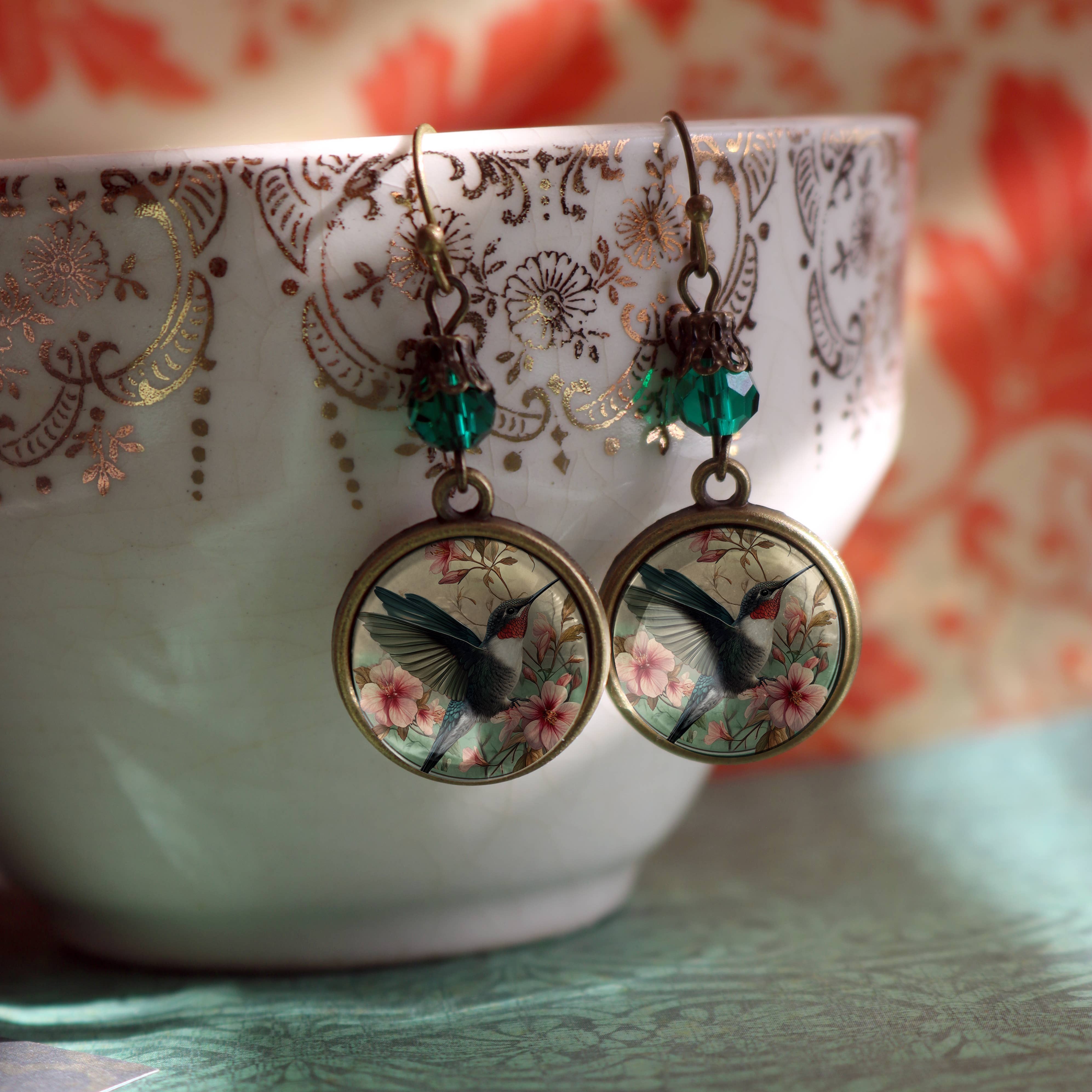 The Divine Iguana - Wholesale Dangle Earrings - Hummingbird Art Nouveau Glass Cabochon Earrings 3