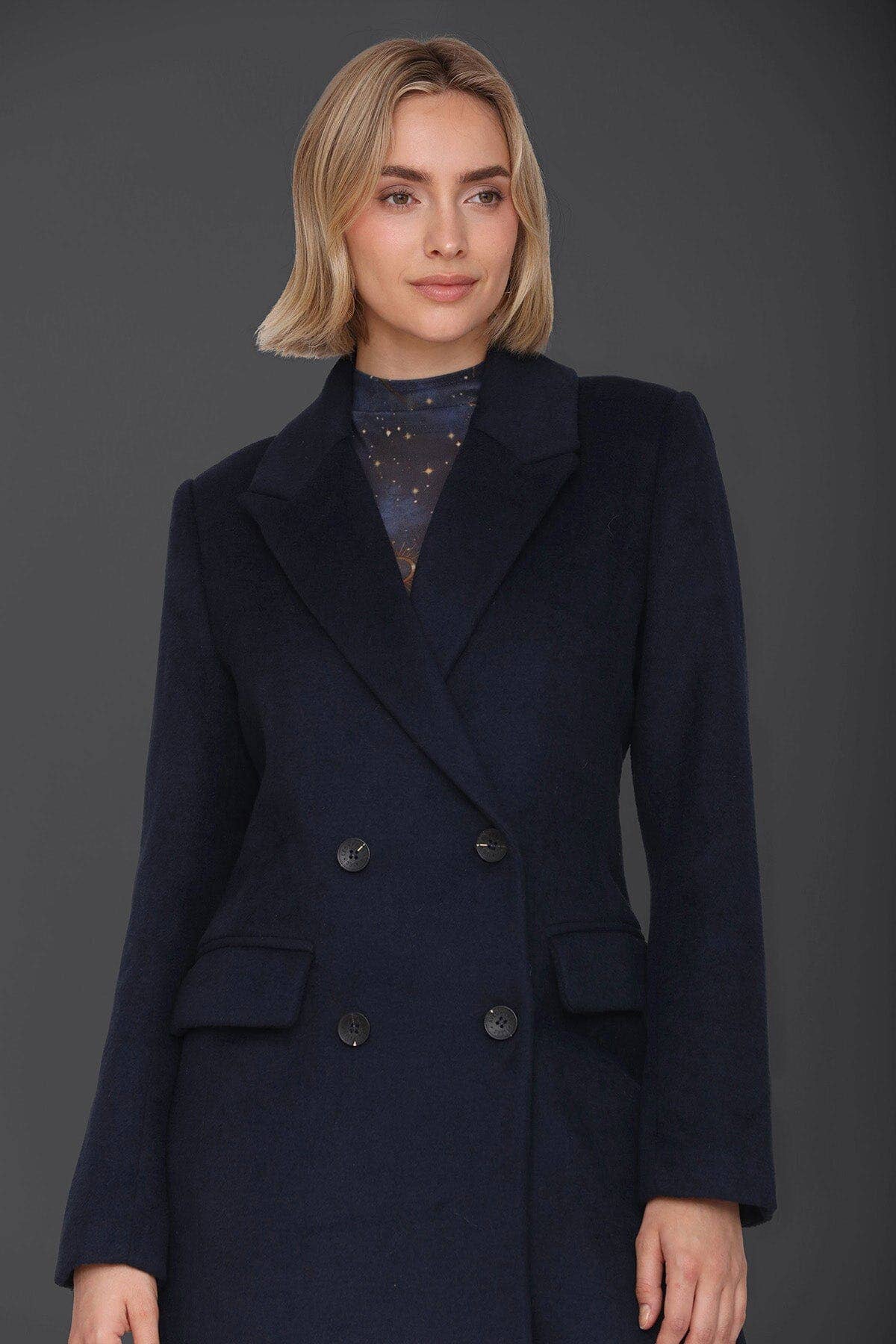Navy Wool Blend Double Breasted Coat for wholesale on Faire0