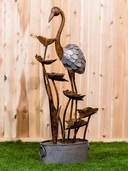 Hi-Line Gift Ltd. - Wholesale Outdoor Ornament/Decor - Metal Flamingo W/Leaves In Pail Fountain0