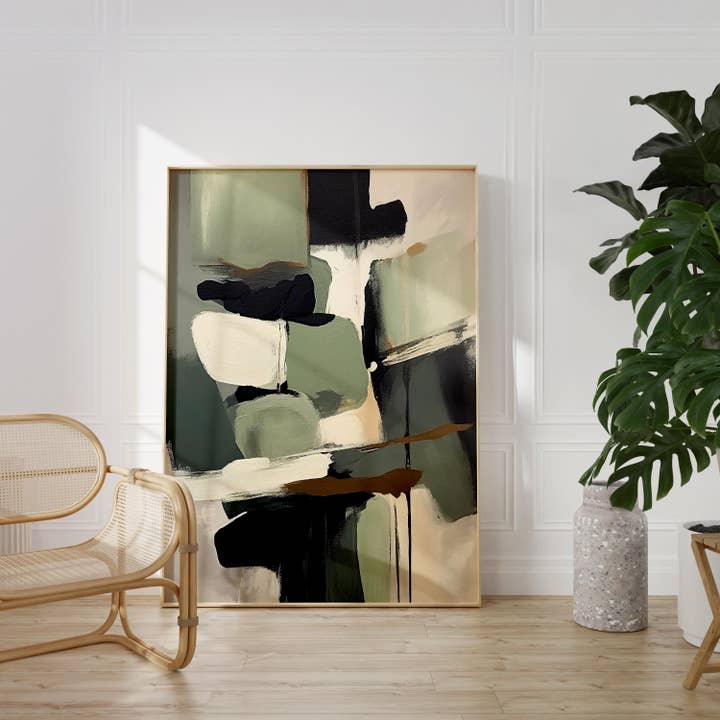 Abstract Green & Black Modern Japandi Art Print for wholesale by Eclectic Dreams Studio