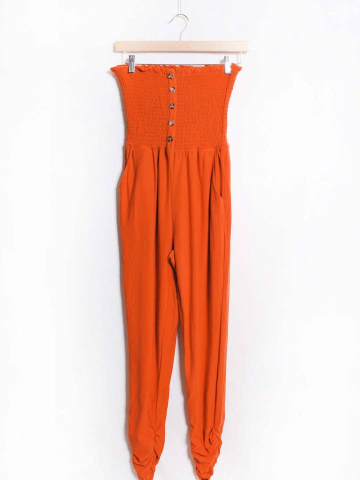 Women's Tube Smocked Button Front Pocket Jumpsuit for wholesale by Good Stuff Apparel
