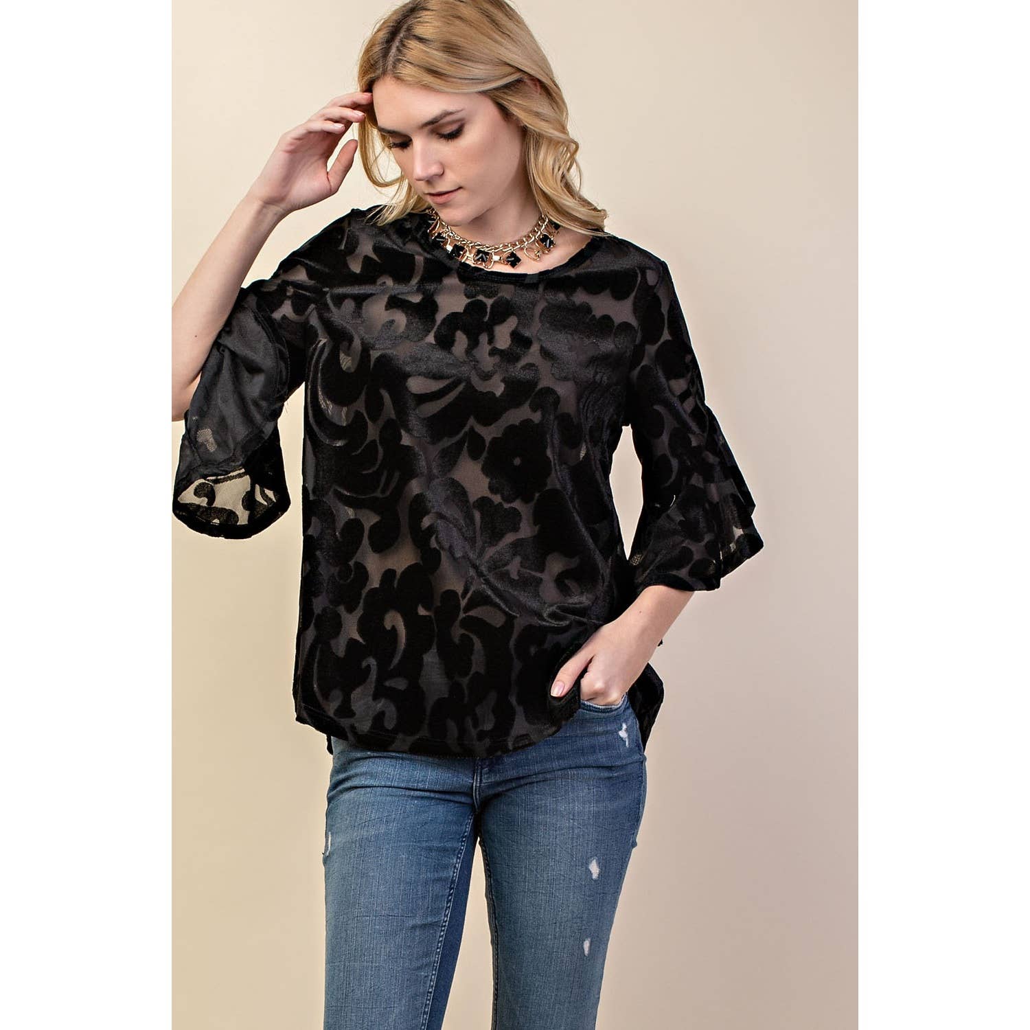 VOCAL - Wholesale Blouse - Women's - VELVET RUFFLE SLEEVE KNIT TOP0