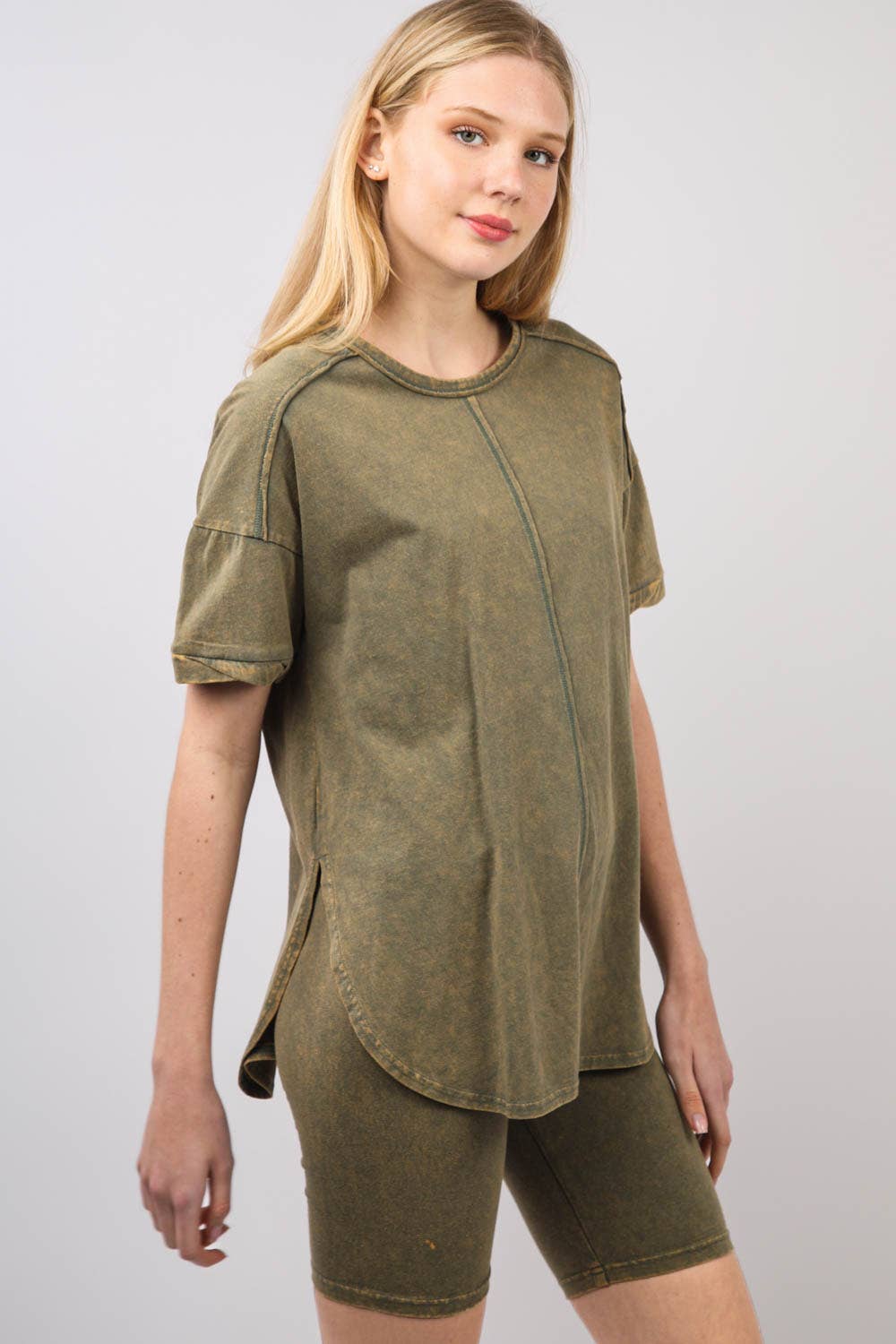 VERY J - Wholesale Activewear Set - Women's - NT11590SET-Washed Stretchy Knit Activewear Top & Shorts13