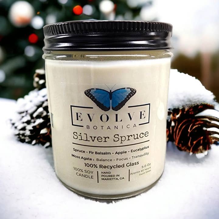 9oz Crystal Soy Candle Jar - Silver Spruce Moss Agate for wholesale by Evolve Botanica