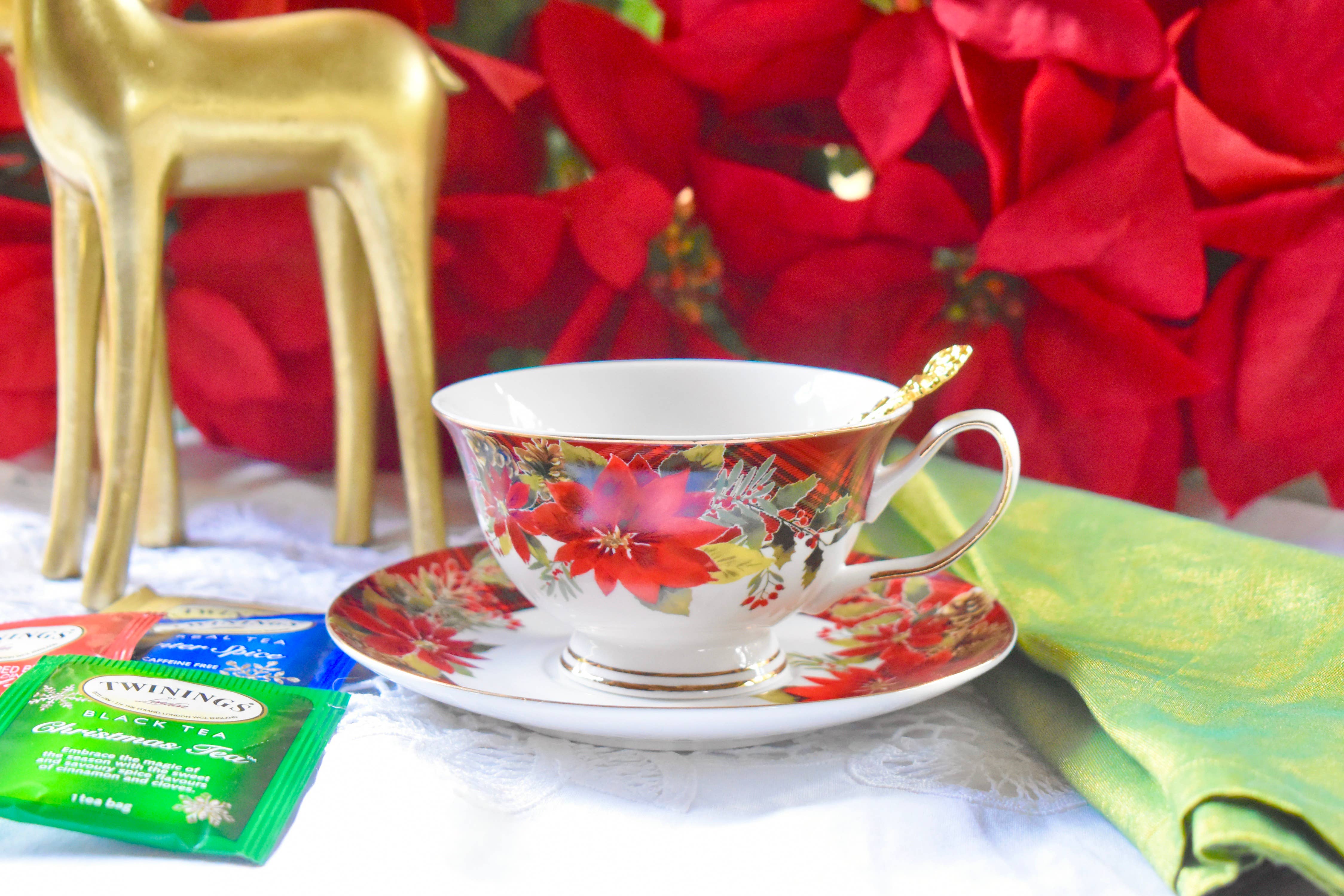 All Little Cute Things - Wholesale Tea Set - Christmas Holiday Red Poinsettia Plaid Ribbon Teacup Saucer1