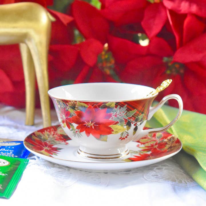 All Little Cute Things - Wholesale Tea Set - Christmas Holiday Red Poinsettia Plaid Ribbon Teacup Saucer1