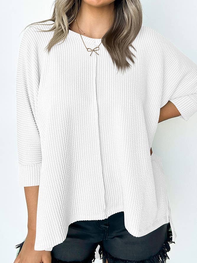 UNISHE - Wholesale Knit Top - Women's - Plain V Neck Textured Bat Wing Sleeves Top ASJP094