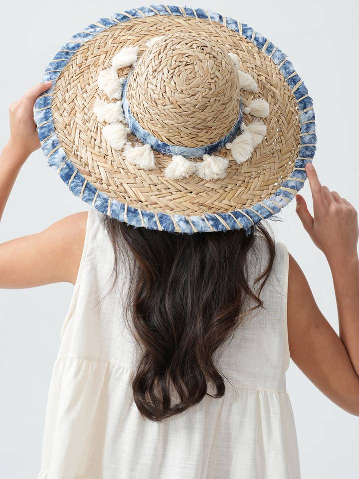 Straw Hat With Pom Poms And Denim Edges H29252 for wholesale by PHANIE MODE
