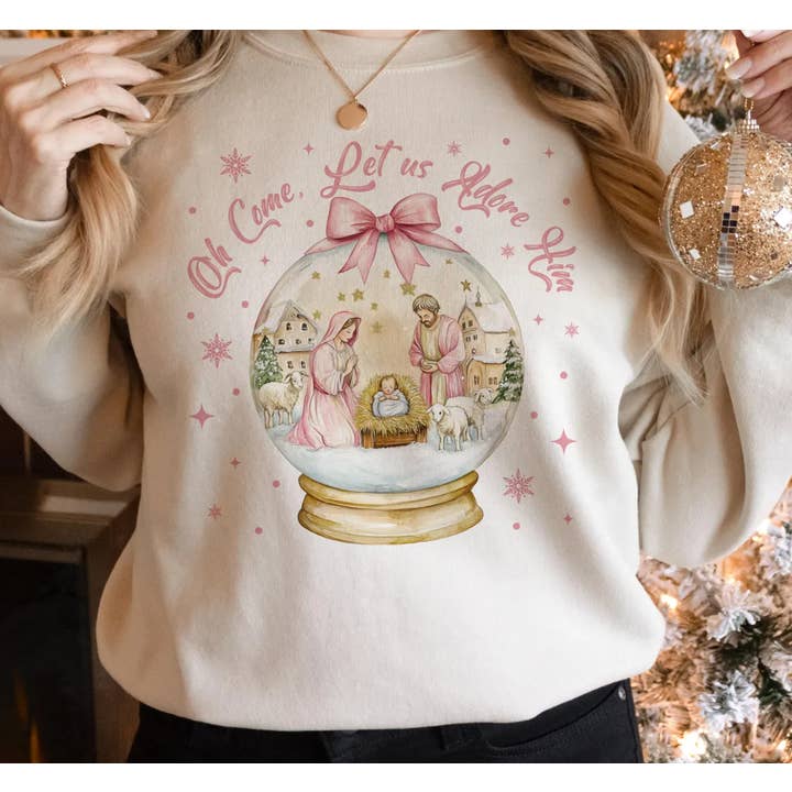 Oh Come Let Us Adore Him T-Shirt or Crew Sweatshirt for wholesale by Peach Closet