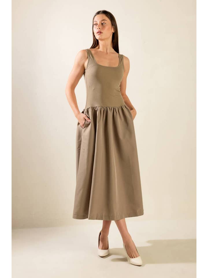 A solid knit/woven combination midi dress - FD1147 TAUPE for wholesale on Faire