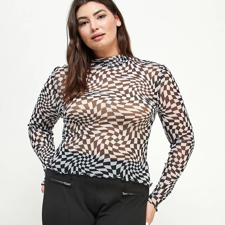 FREEZIA - Wholesale Knit Top - Women's - F73686-1-PLUS-CHECKERS MESH ETTUCE TRIM CROPPED PLUS TOP3