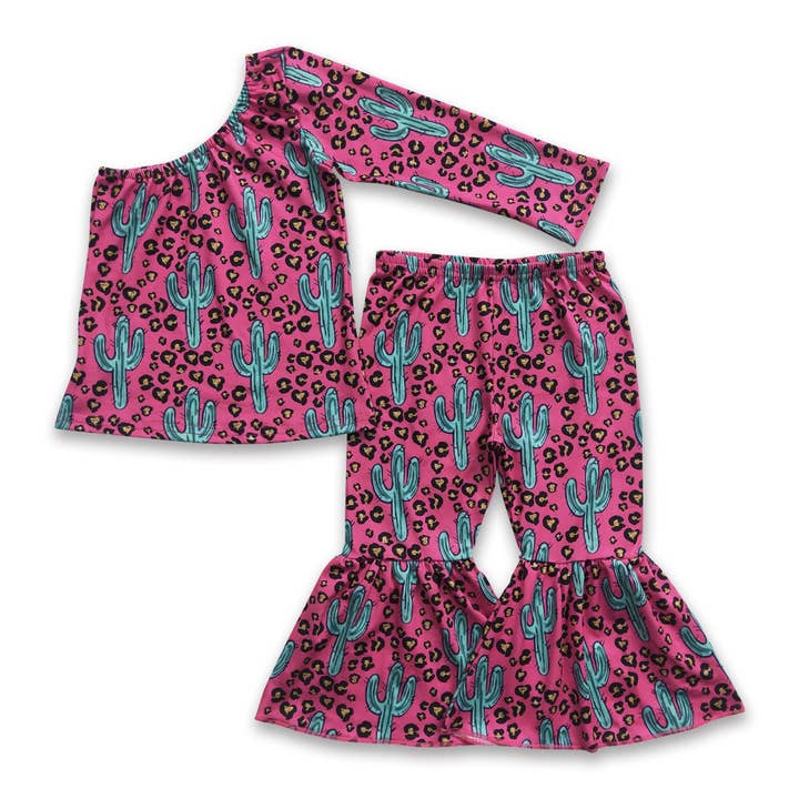 Leopard cactus one shoulder kids girls clothing set for wholesale by Yawoo Garments