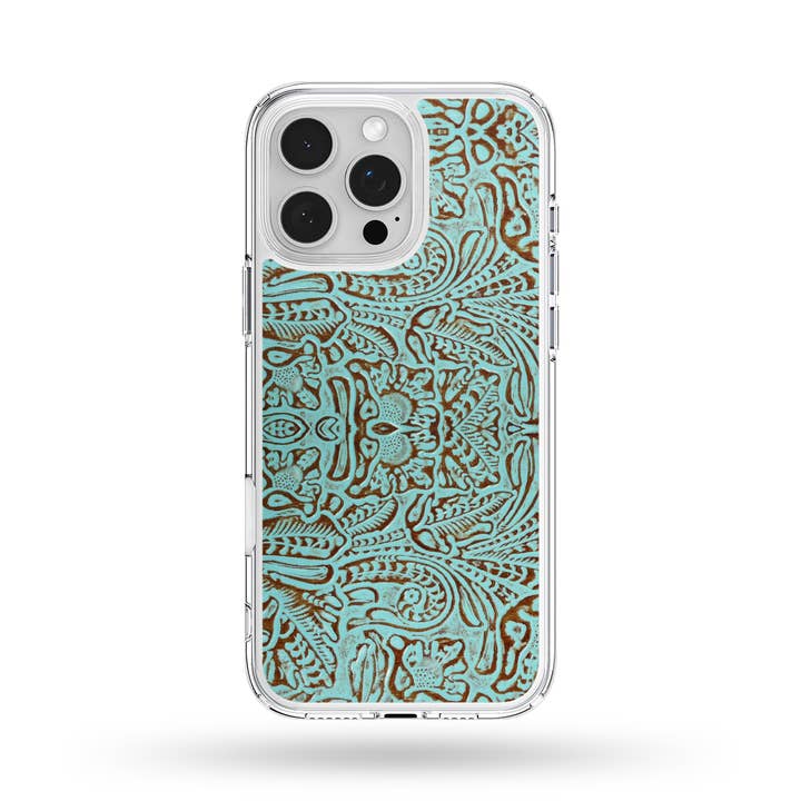Twisted N Turquoise – wholesale Phone case – Women’s – Teal Tooled Faux Leather MagSafe Compatible Phone Case1