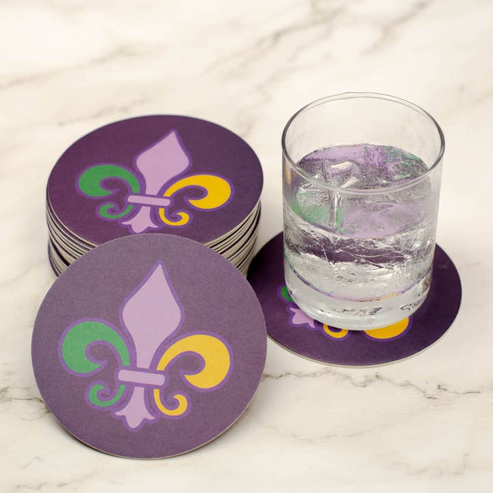 Mardi Gras Fleur de Lis Paper Coasters Purple/Green/Yellow 4x4 for wholesale by The Royal Standard