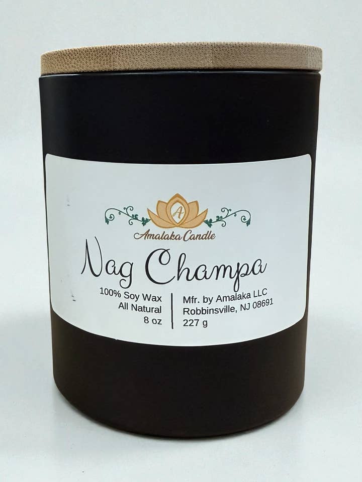 Nag Champa 8 oz. candle made with 100% soy wax. for wholesale by Amalaka Elegance Inc.