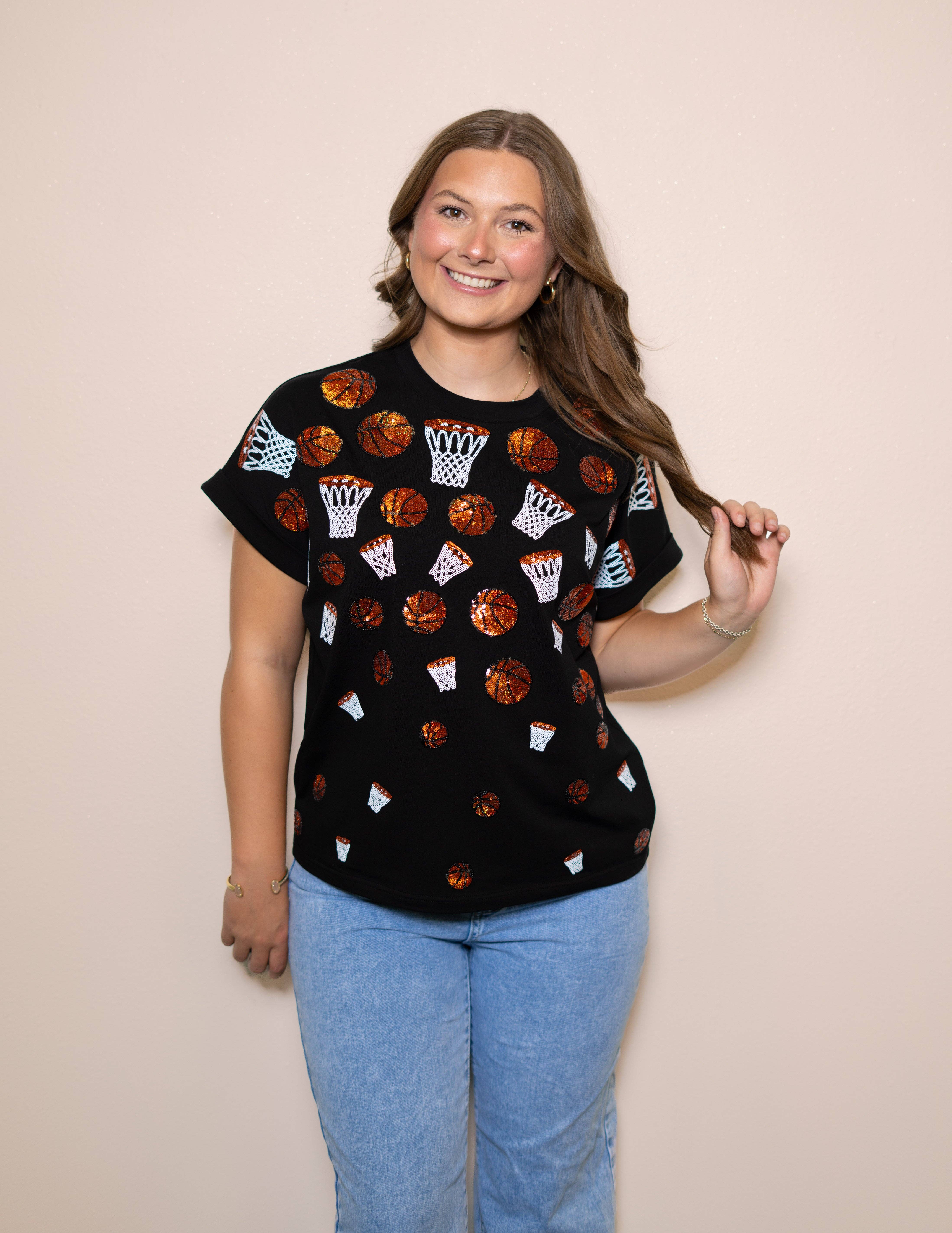 BOMB DESIGNS - Wholesale T-Shirt - Women's - Scattered Basketball | Sequin Design Cuff Sleeve (Black)1
