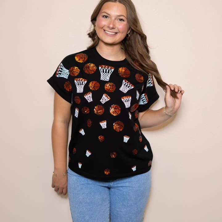 BOMB DESIGNS - Wholesale T-Shirt - Women's - Scattered Basketball | Sequin Design Cuff Sleeve (Black)1