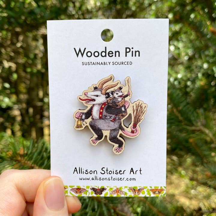 Krampus Opossum Wooden Pin (Sustainably Sourced) for wholesale by Allison Stoiser Art
