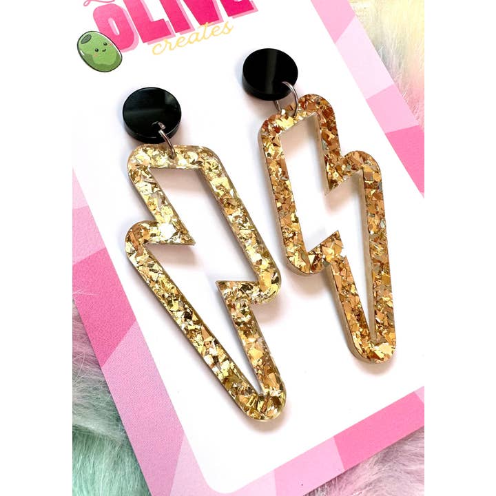 Little Olive Creates - Wholesale Dangle earrings - Sparkling Gold Glitter Lightning Bolt Statement Earrings5