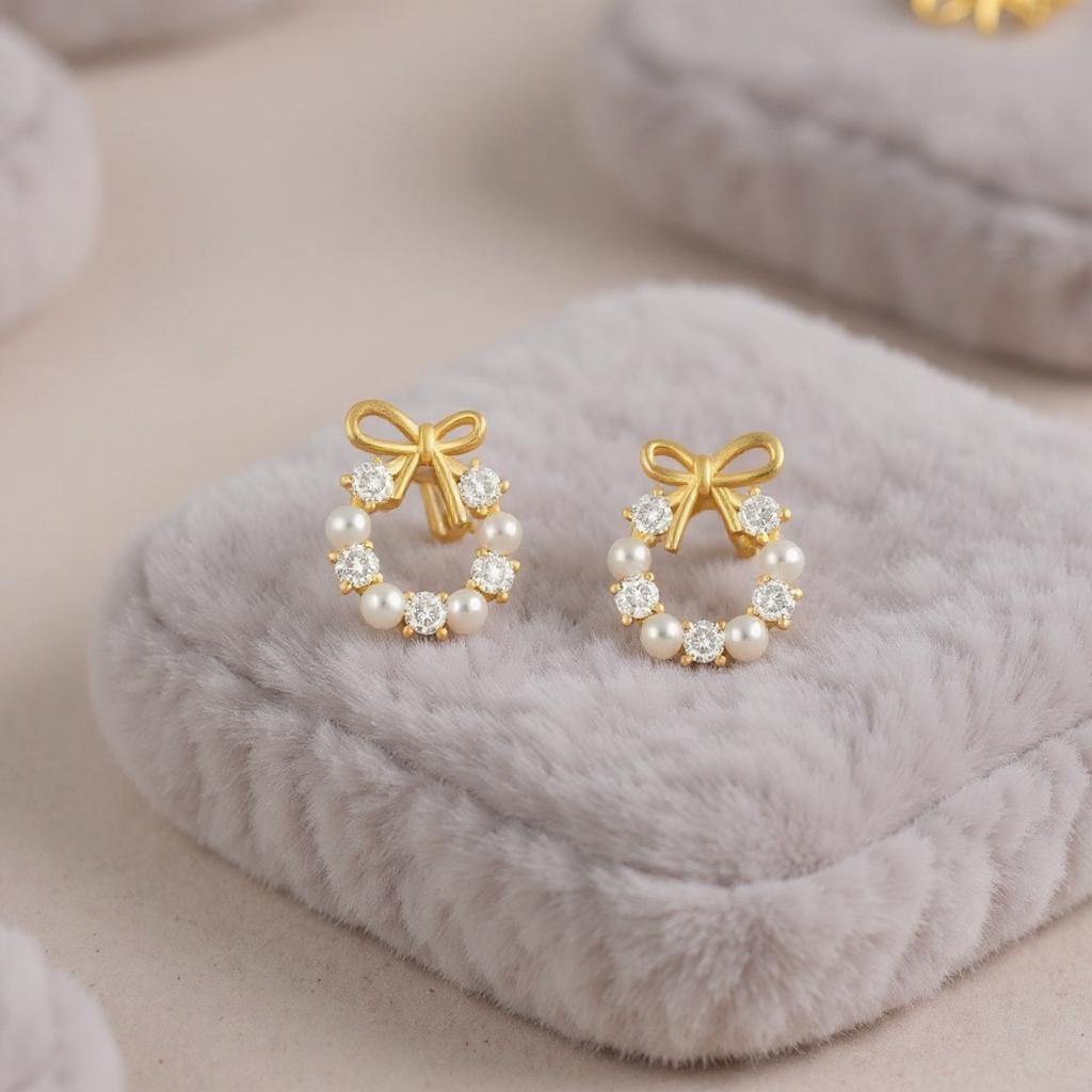Athena Bridal Jewellery – wholesale Dangle earrings – ATHENA COLLECTION - CHIC PEARL BOW EARRINGS - CZER915 GOLD1