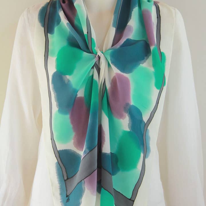 Blueberry Mint Sorbet Hand-Painted Silk Scarf for wholesale on Faire