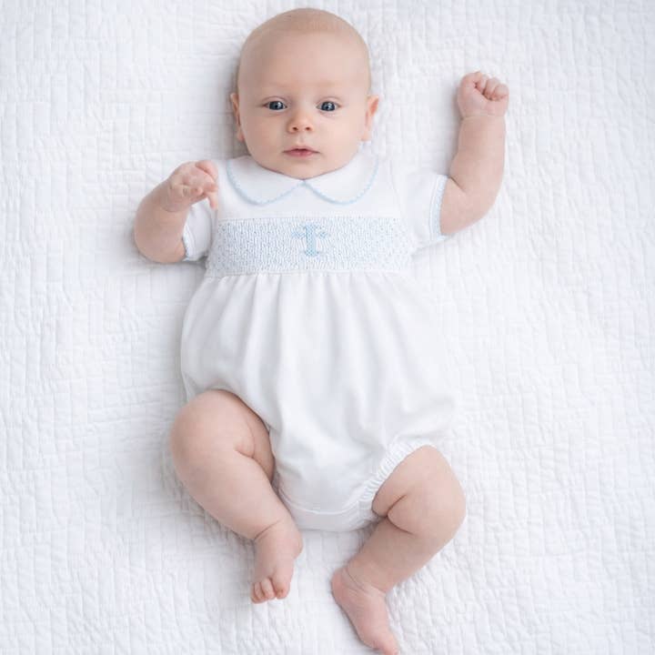 Blessed Smocked Bubble - Blue for wholesale by Magnolia Baby