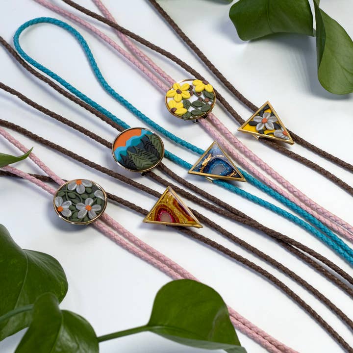 Ginger Sapp Jewelry - Wholesale Woven Necklace - Yellow Floral Triangle Bolo Tie | Polymer Clay | Handmade