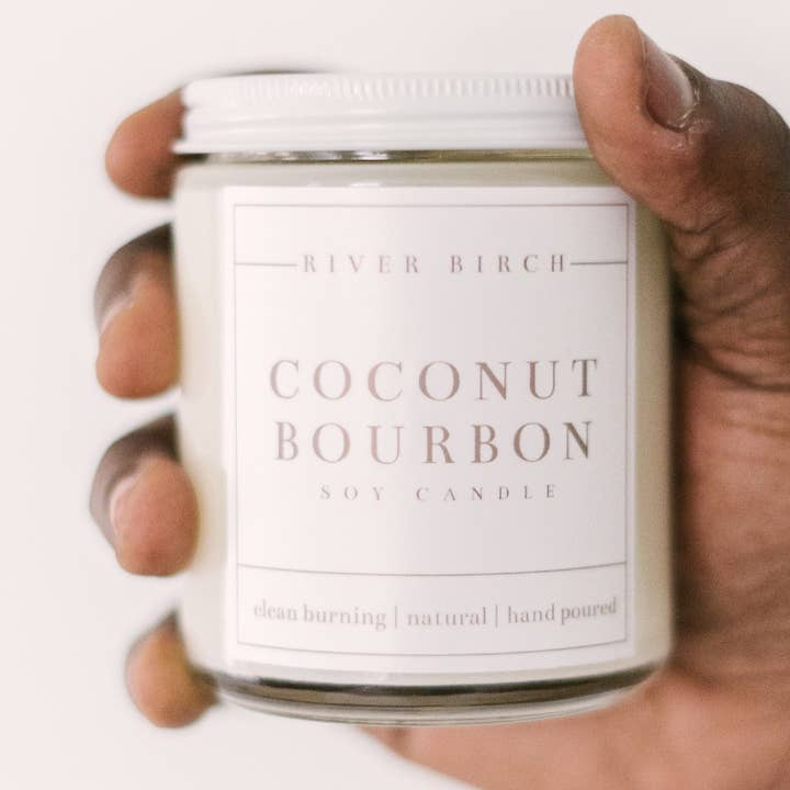 Vela de coco Bourbon de soja, de 8,5 oz, tarro transparente para venta al por mayor de River Birch Candles