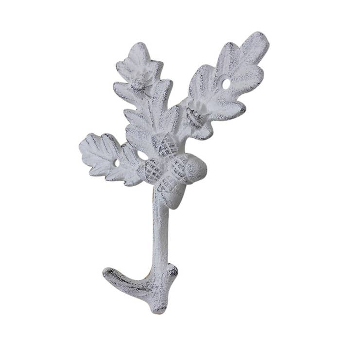 Hampton Ironworks - Wholesale Wall Hook - Whitewashed Cast Iron Oak Tree Leaves with Acorns Decorative Metal Tree Branch Hooks 6.5"0