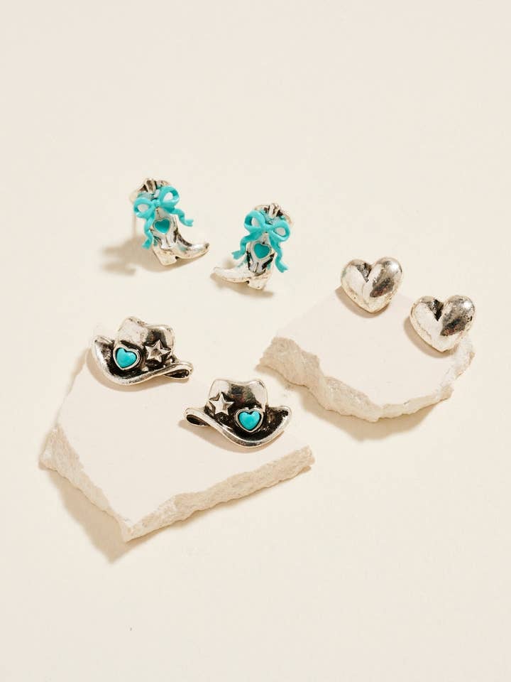 Conjunto de Brincos 3PK Coração Chapéu Botas de Rodeo Ocidental por atacado de Designature New York