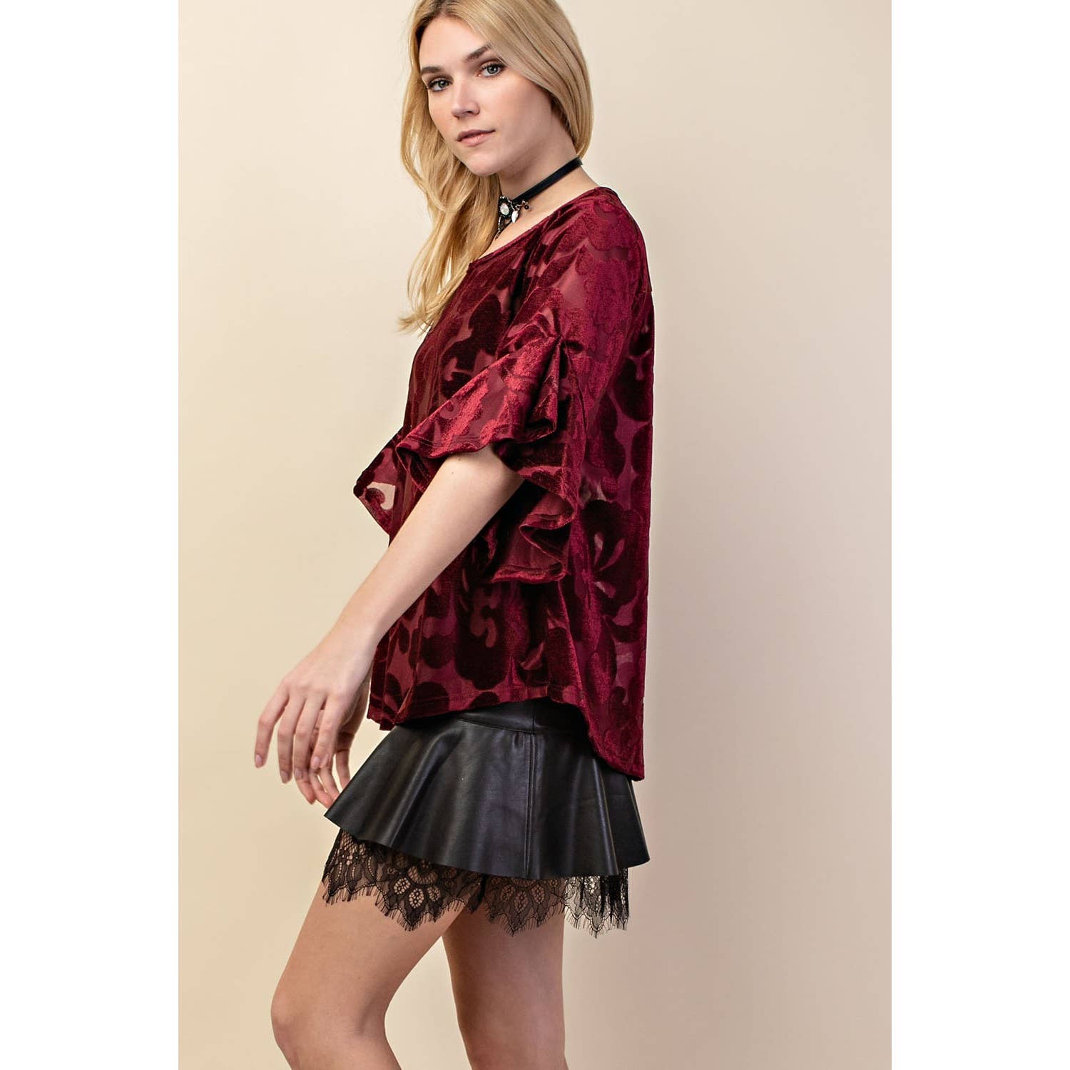 VOCAL - Wholesale Blouse - Women's - VELVET RUFFLE SLEEVE KNIT TOP13