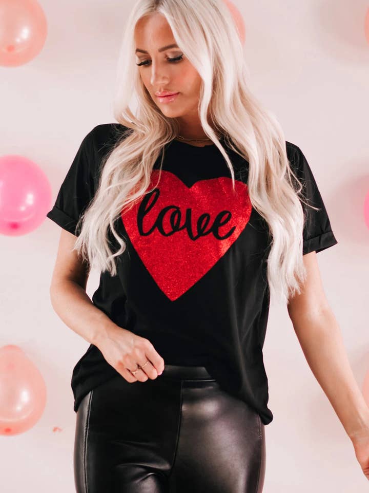 Black Love Heart Shaped Glitter Print T Shirt for wholesale on Faire1