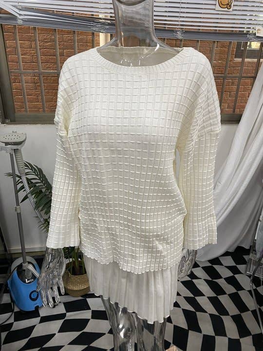 Rosa Clothing - Wholesale Top & Skirt Set - Women's - Waffle Knit Sweater Pleated Skirt Knit Set0