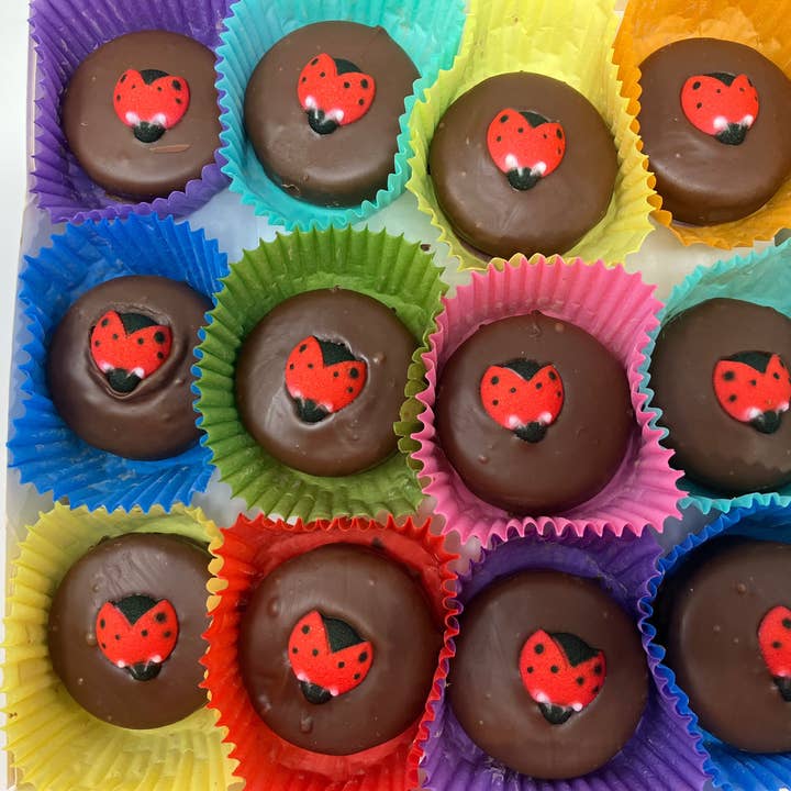 Lady Bug Oreo's Box of 24 for wholesale by Bear Creek Candy Kitchen
