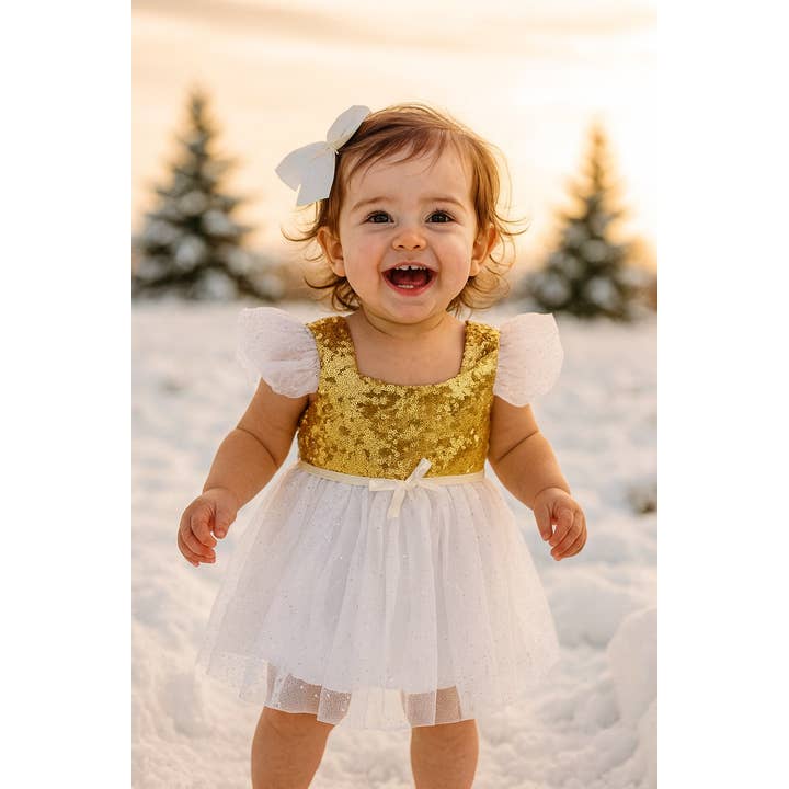 White Gold Sequin Tulle Flower Dress for wholesale by Fennco Styles